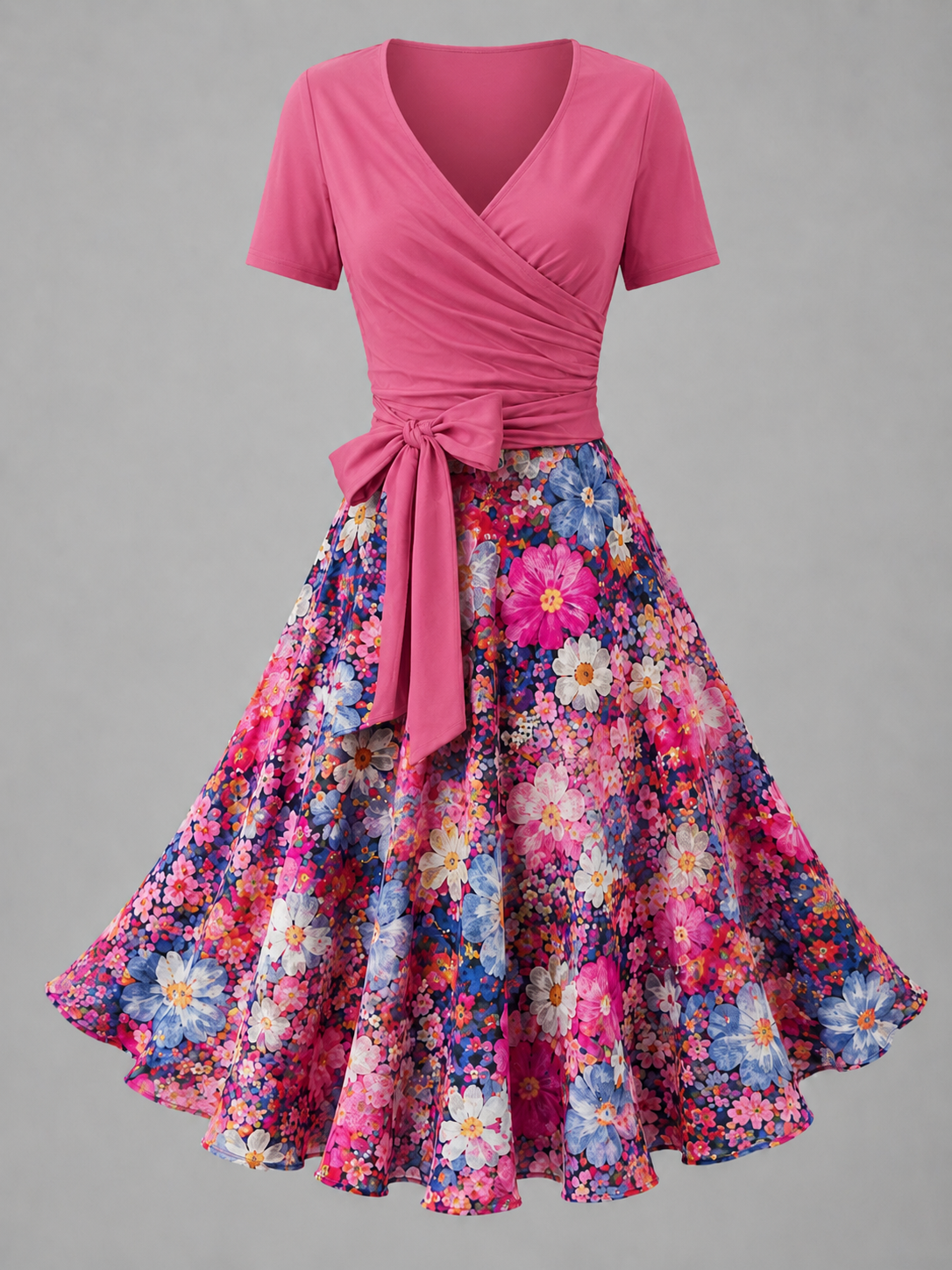 Floral Art Print V-Neck Short Sleeve Two-Piece Midi Dress